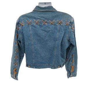 Vtg Womens Denim Blue Jean Jacket XL Criss Cross Leather Accents 90's Western